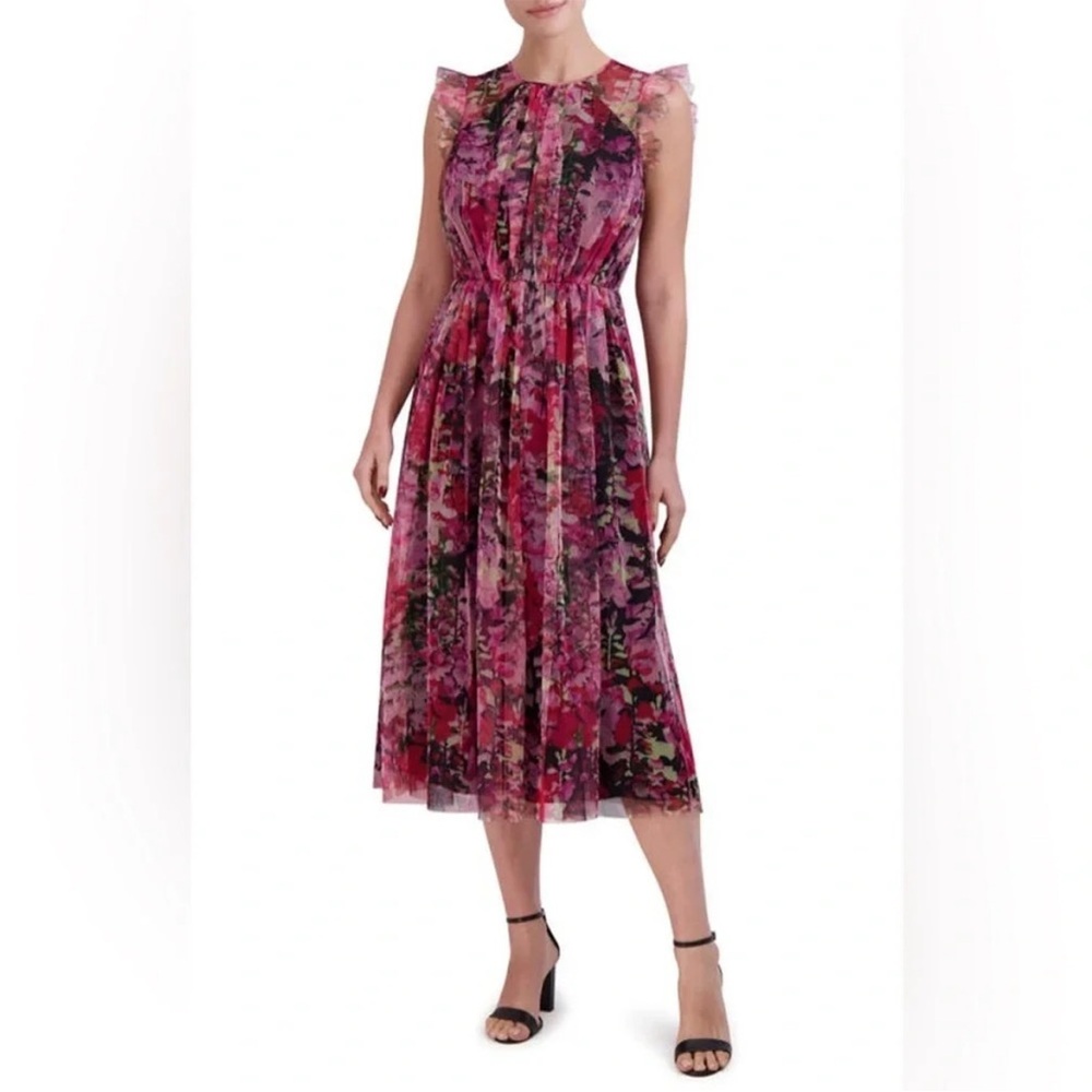 Laundry by Shelli Segal Floral Tulle Flutter Sleeve Midi Dress